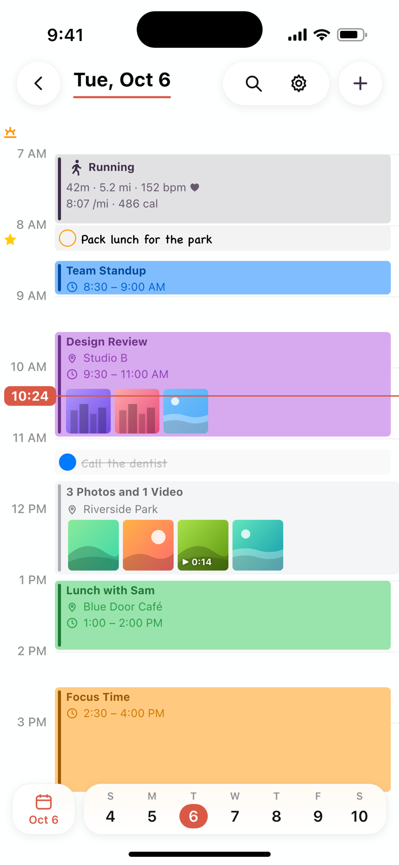 My Day's timeline: a run, reminders, meetings, a group of photos and lunch, laid out by the hour