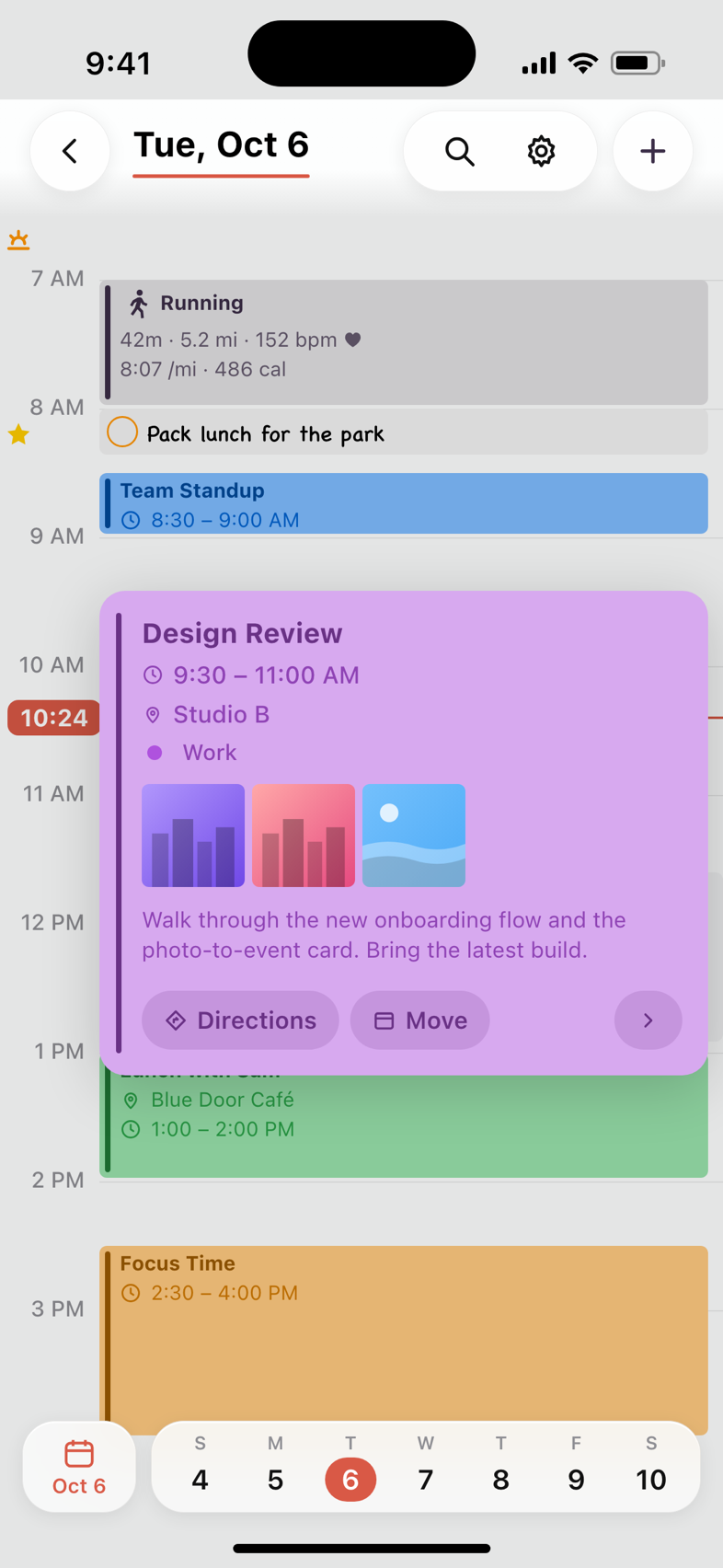 An event opened as a card, with its place, calendar, photos, notes, and Directions and Move buttons