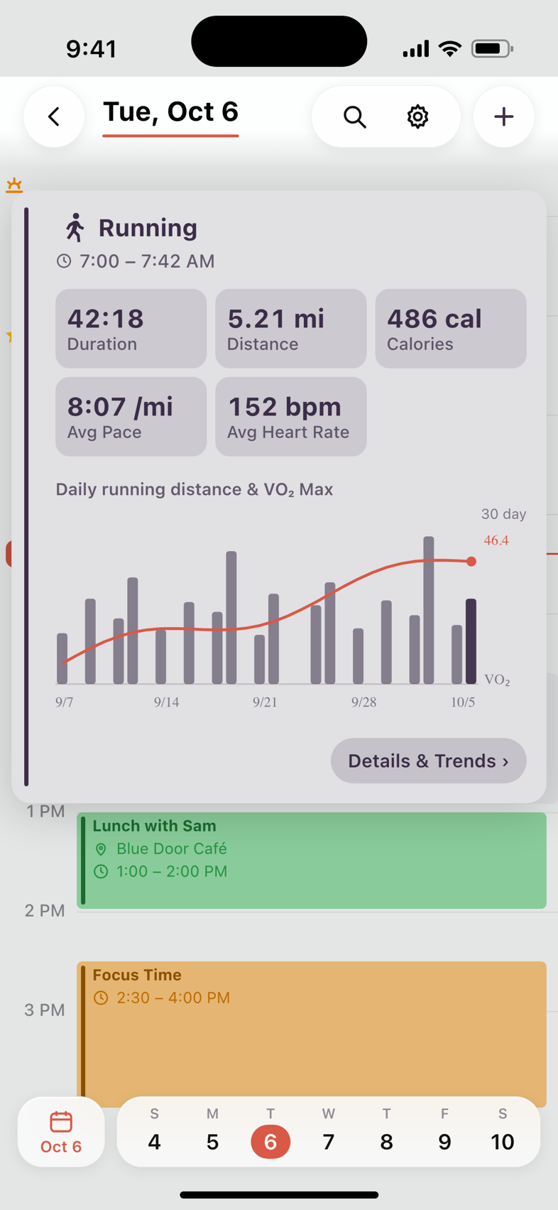 A run's stats and a 30-day chart of distance with VO2 Max