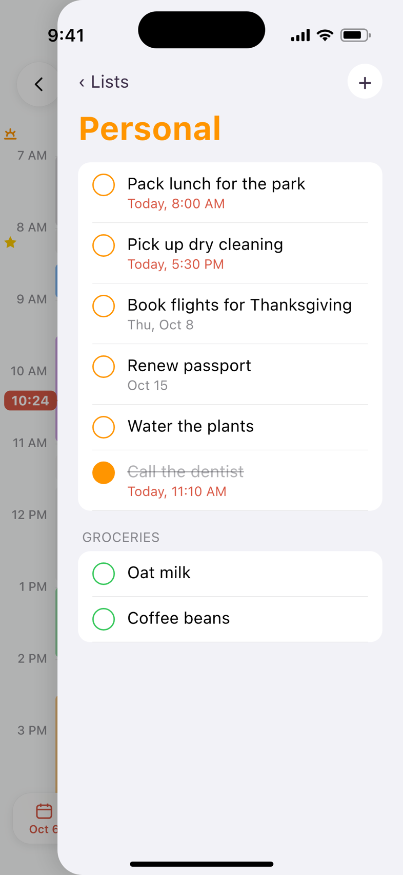 A reminders list slid in from the right edge over the day