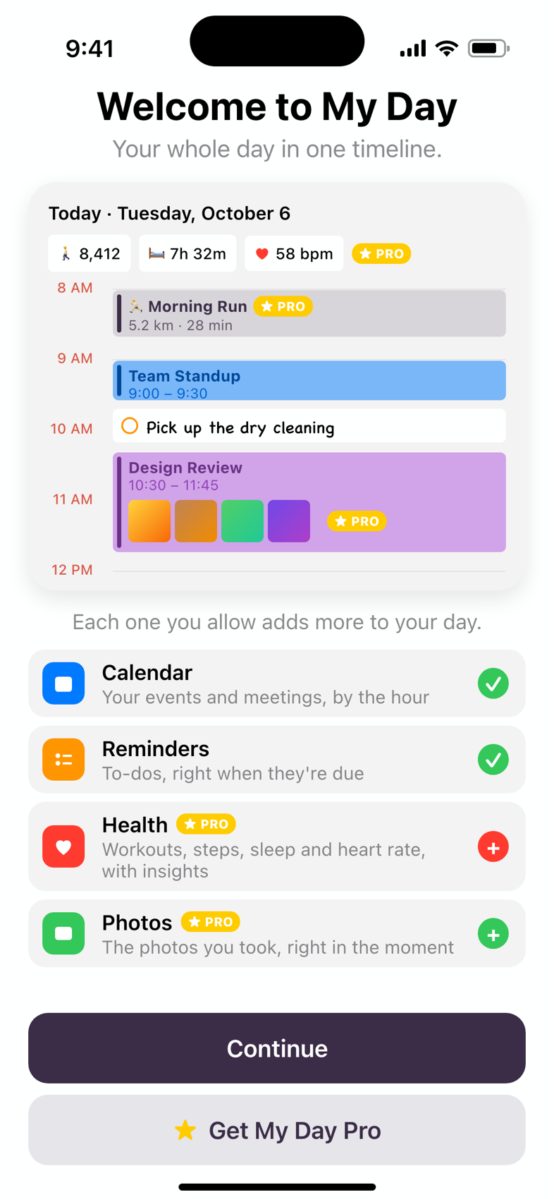 My Day's welcome screen, previewing a day and the four permissions it asks for